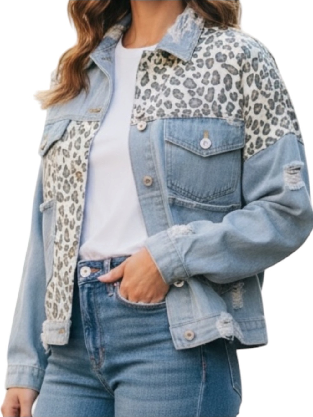 Y2K Leopard Patchwork Denim Jacket Cropped Distressed XL Streetwear - Picture 2 of 15